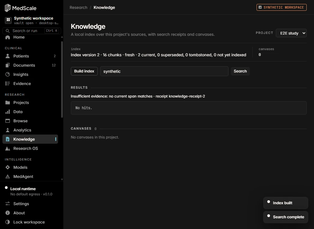 MedScale Knowledge view with a local index and search receipt
