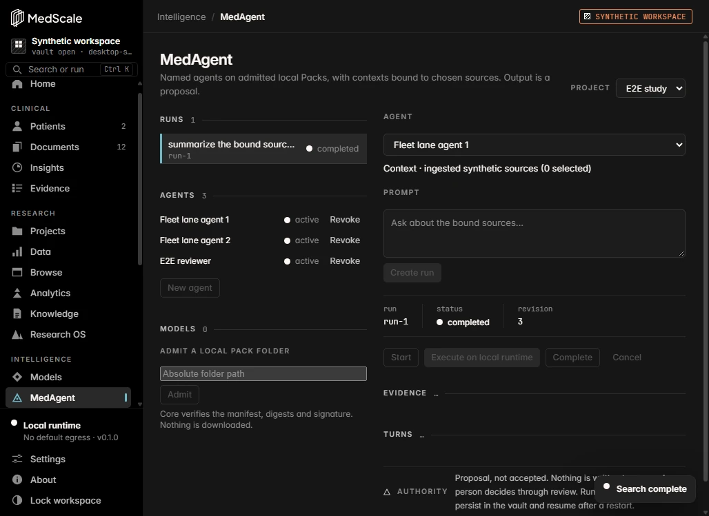 MedScale MedAgent view with an agent run bound to selected synthetic sources