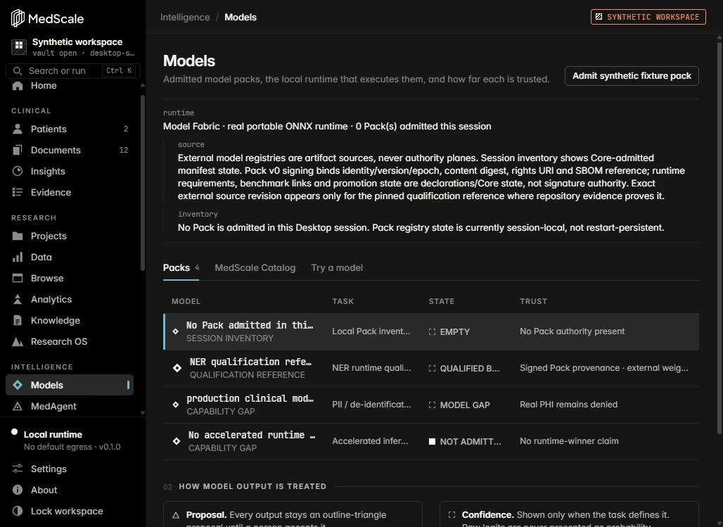 MedScale Models view with the local runtime state and the browsable model catalog